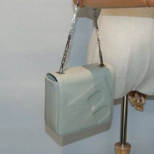 BALLY Chain Shoulder Bag Leather Gray Silver Auth